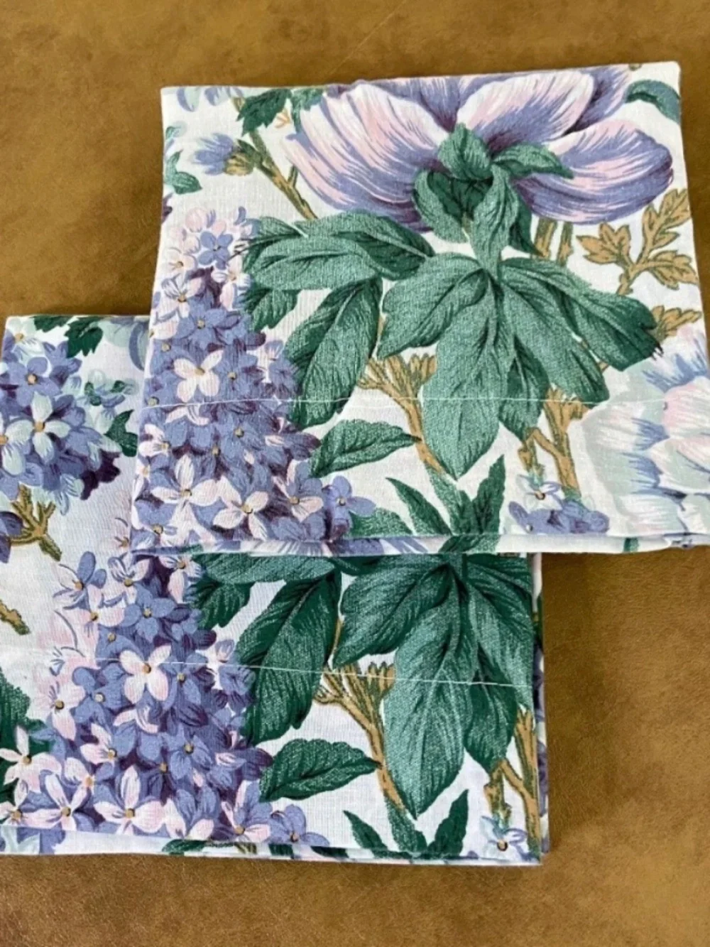 Set of Two Vintage Floral Pillow Cases; Lavender, Blue, Green; Hydrangeas